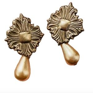 Vintage Pearl Drop Earrings with Silver Design